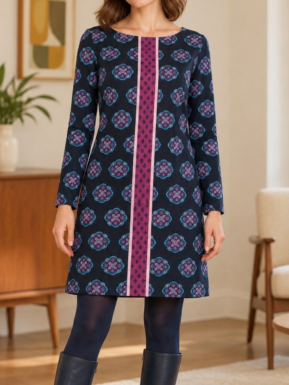 Hatley Navy Purple Teal Medallion Print XS L/S Knit Dress Romantic Gothic Whimsy